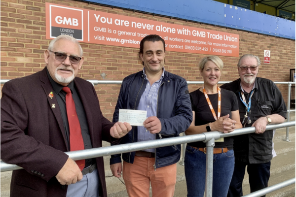 GMB Union’s King’s Lynn branch presented King's Lynn Town Football Club with a cheque for sponsorship